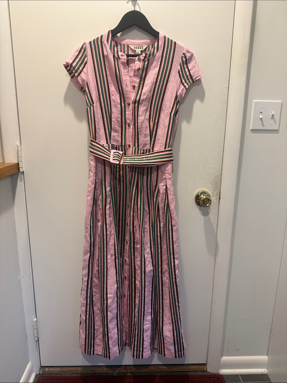 Boden Pink Striped Button-Front Maxi Dress with Belt